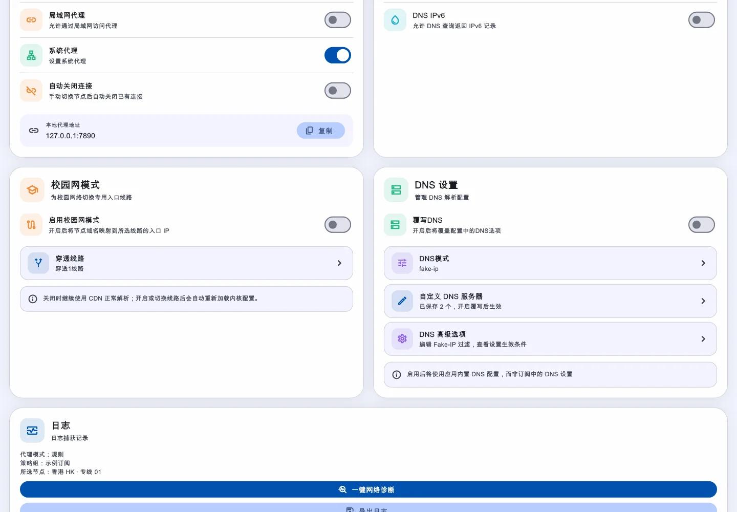 高级设置的系统代理、校园网与DNS入口